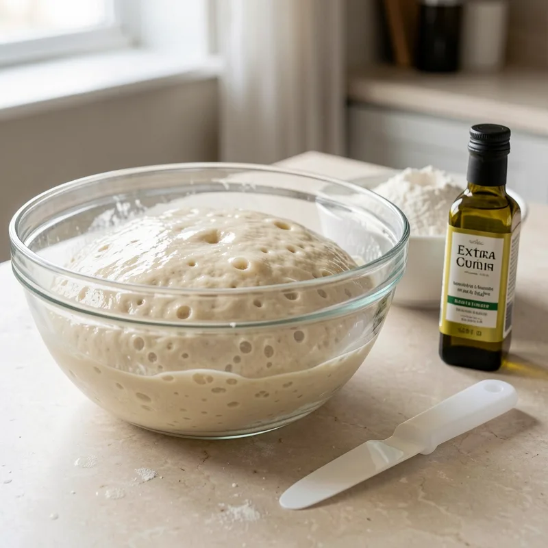 Pâte à focaccia très hydratée dans un saladier en verre, farine et huile d&rsquo;olive posées à côté