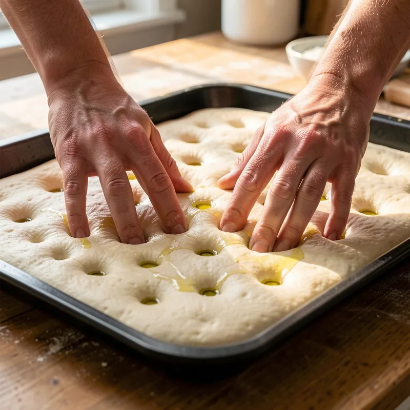 Mains creusant des fossettes régulières dans une pâte à focaccia huilée sur une plaque noire