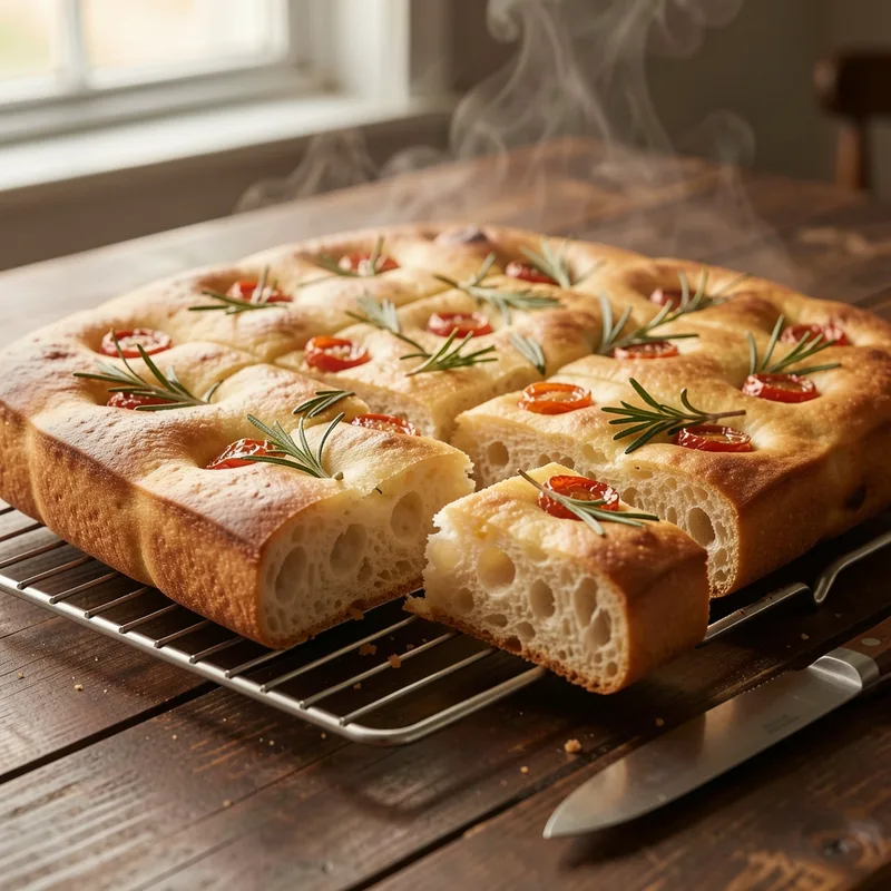 Focaccia dorée sortie du four garnie de romarin et de tomates cerises, découpée en rectangles