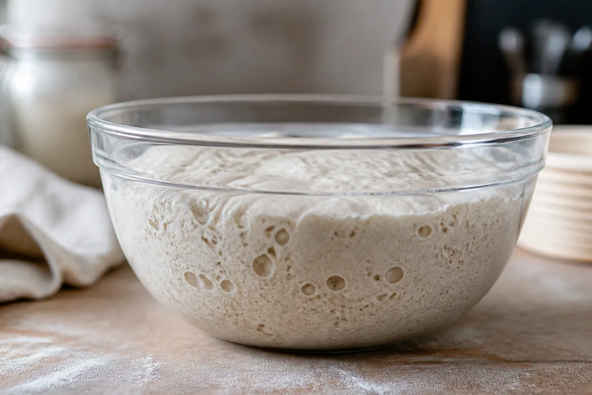 Pâte à pain au levain en cours de pointage dans un saladier en verre, bulles visibles sur les parois