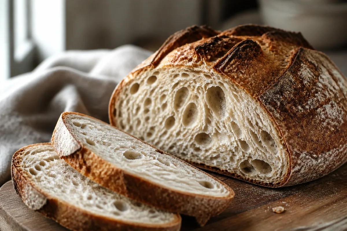 Miche de pain au levain tranchée montrant une mie alvéolée et une croûte ambrée