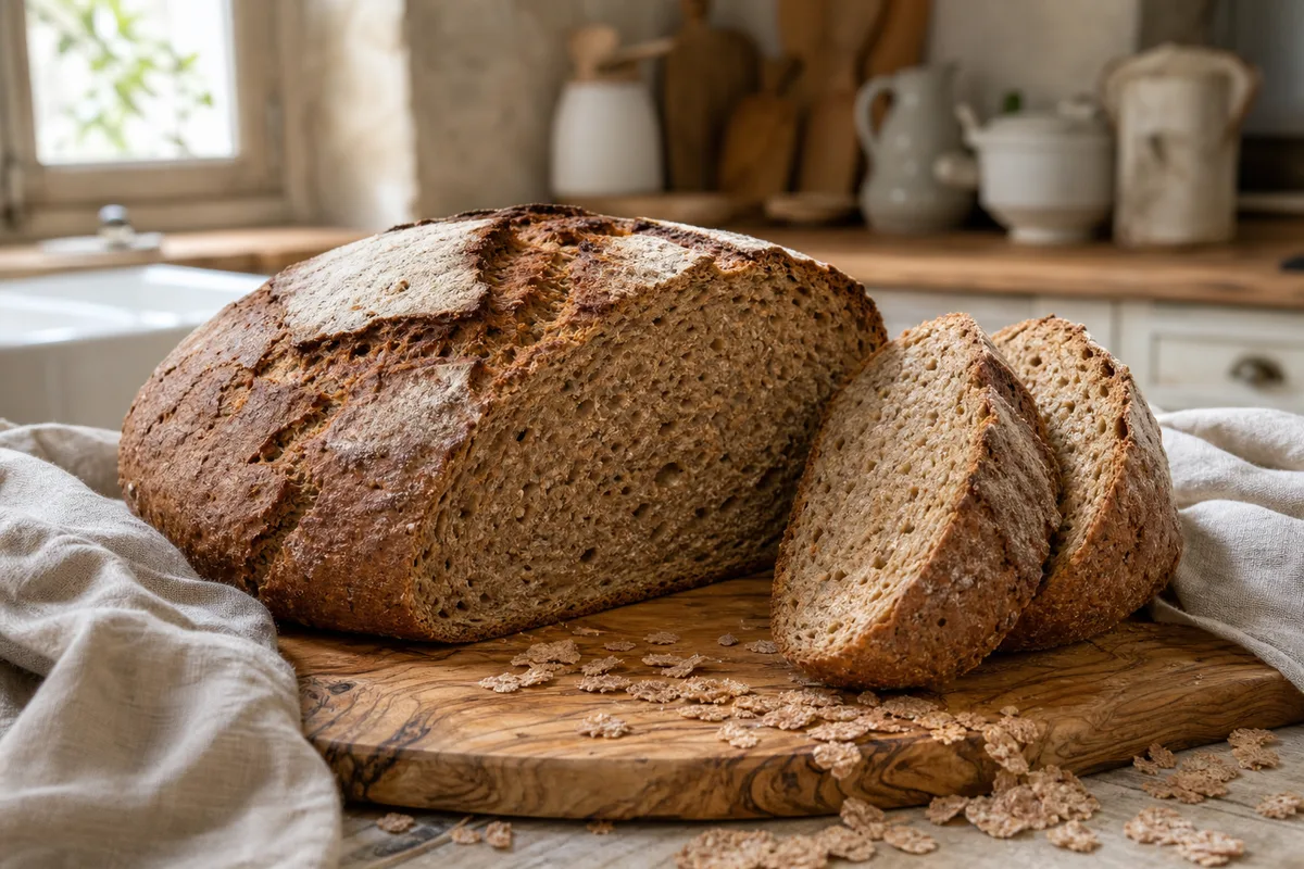 Miche de pain complet maison tranchée sur une planche en bois, mie brune alvéolée et croûte foncée