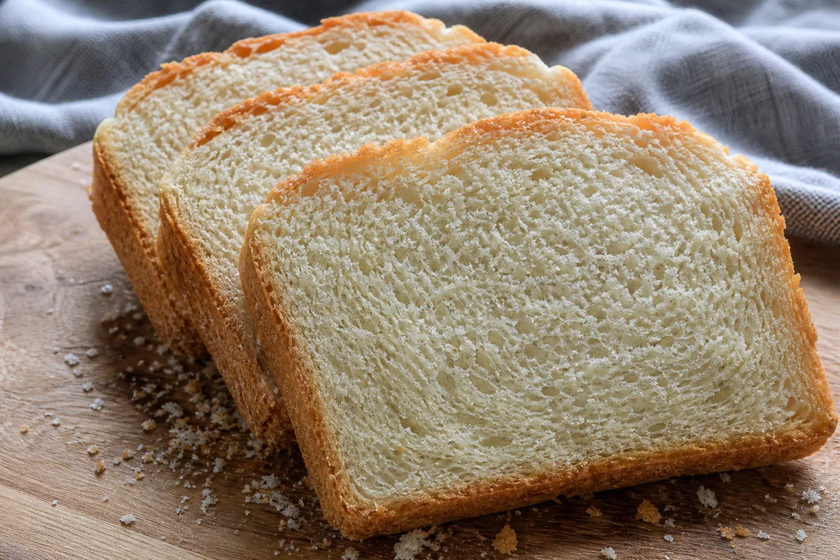 Tranches de pain de mie maison à la mie serrée et moelleuse sur une planche en bois