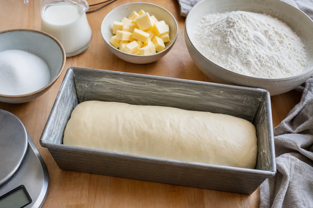 Ingrédients du pain de mie maison pesés et pâte façonnée en boudin dans un moule à cake beurré
