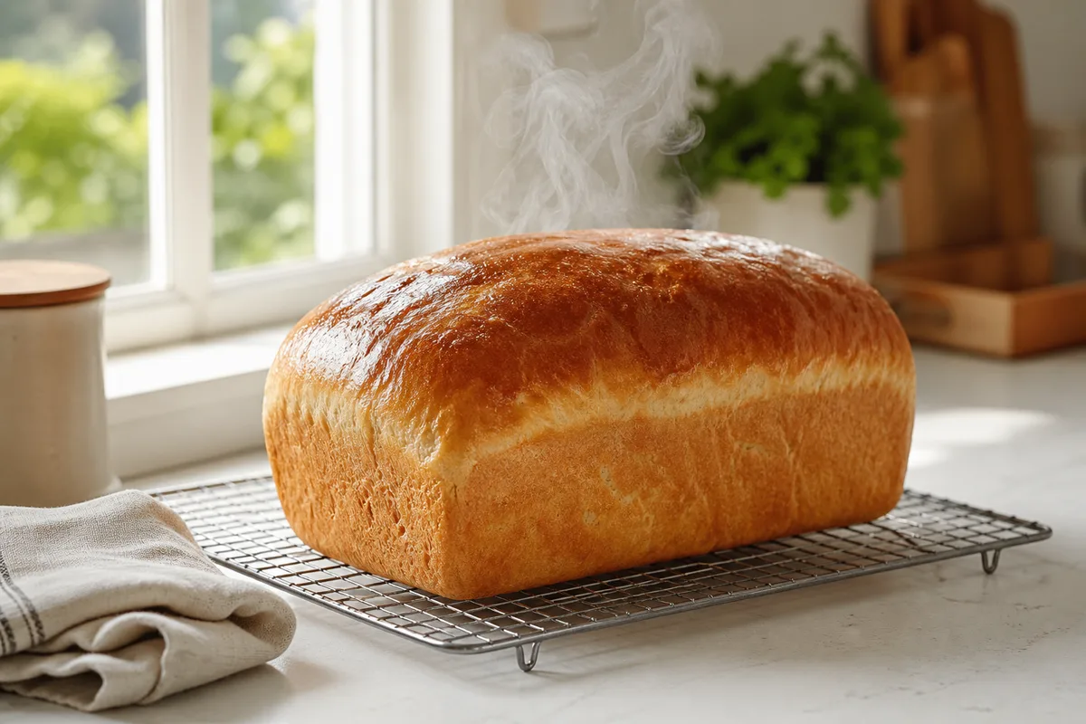 Pain de mie maison doré démoulé refroidissant sur une grille près d’une fenêtre